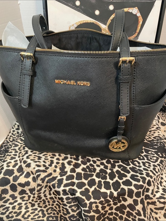 Michael Kors Handbags - Michael Kors Black  Leather Logo Tote with Gold Hardware
